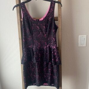 Pink and black lace peplum mini dress